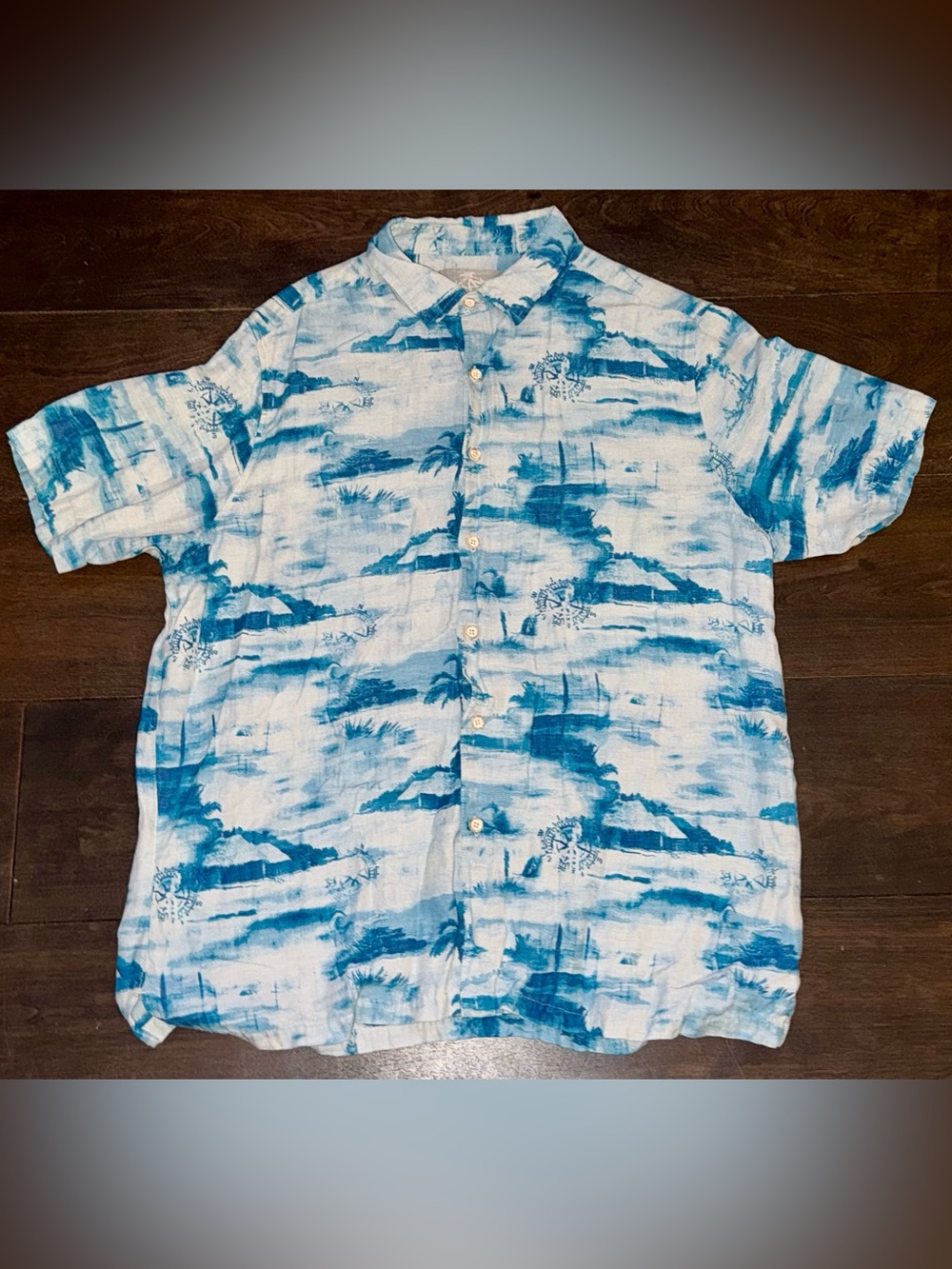 Margaritaville Men’s XL Blue Hawaiian Linen Rayon Button Up Tropical Camp Shirt